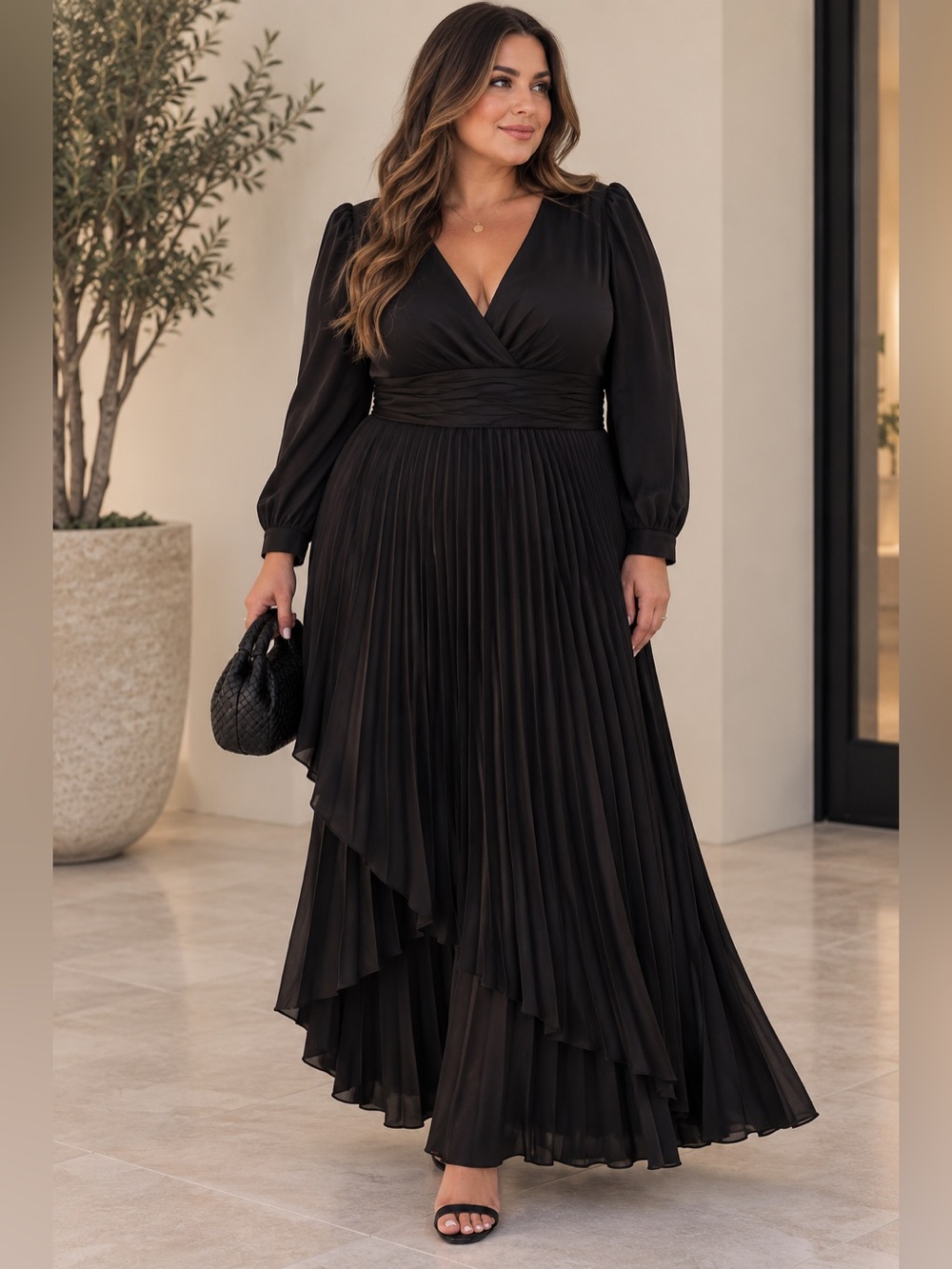 NWT Elegant Black Pleated Wrap Maxi Dress Size: 10 New